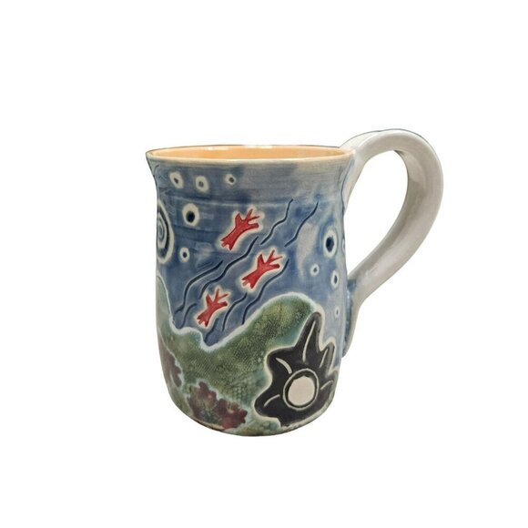 Handcrafted Signed L Sullivan Ceramic Mug With Whimsical Artwork Floral Interior - Picture 1 of 8